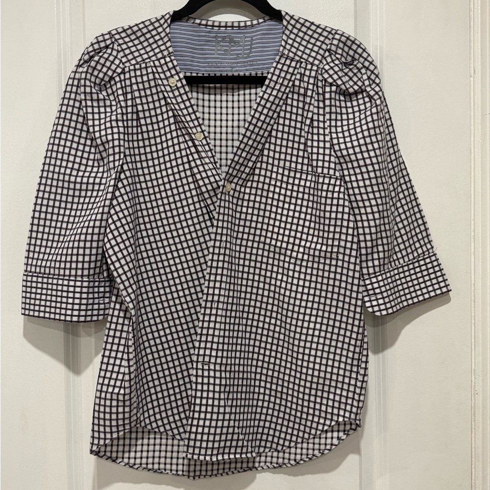 KMJ Kate Mchale Jensen Bon Voyage crisp checkered button down shirt like new